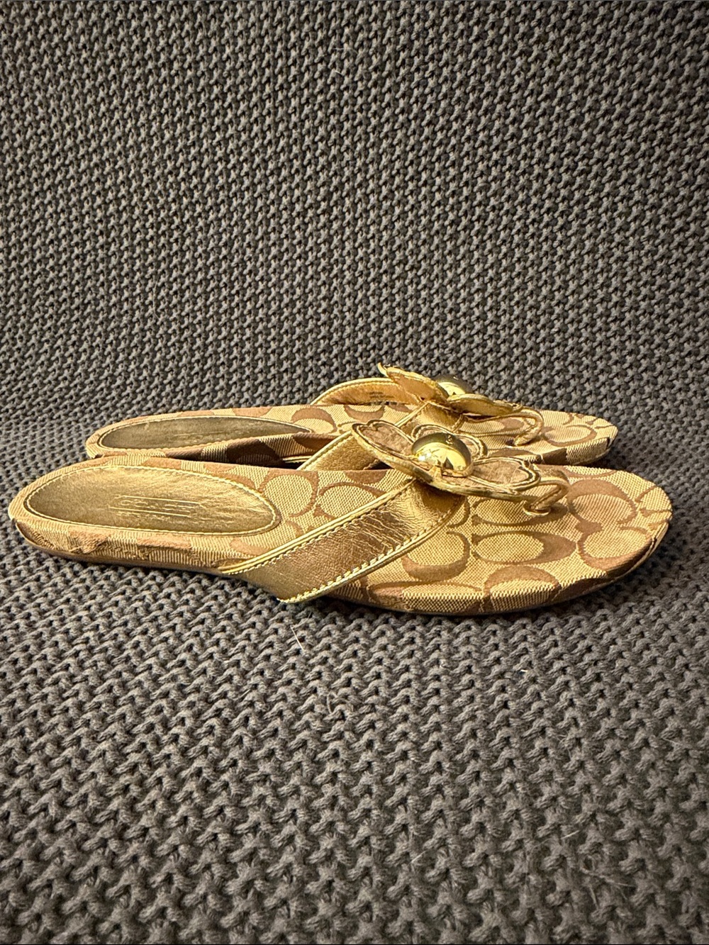 Coach Brown Signature Monogram Floral Thong Sandals with Gold Accents - Picture 3 of 6